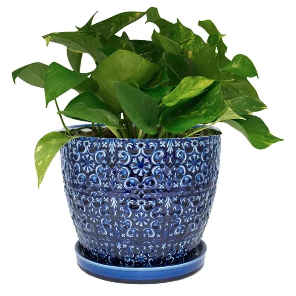 Round Blue Ceramic Planter