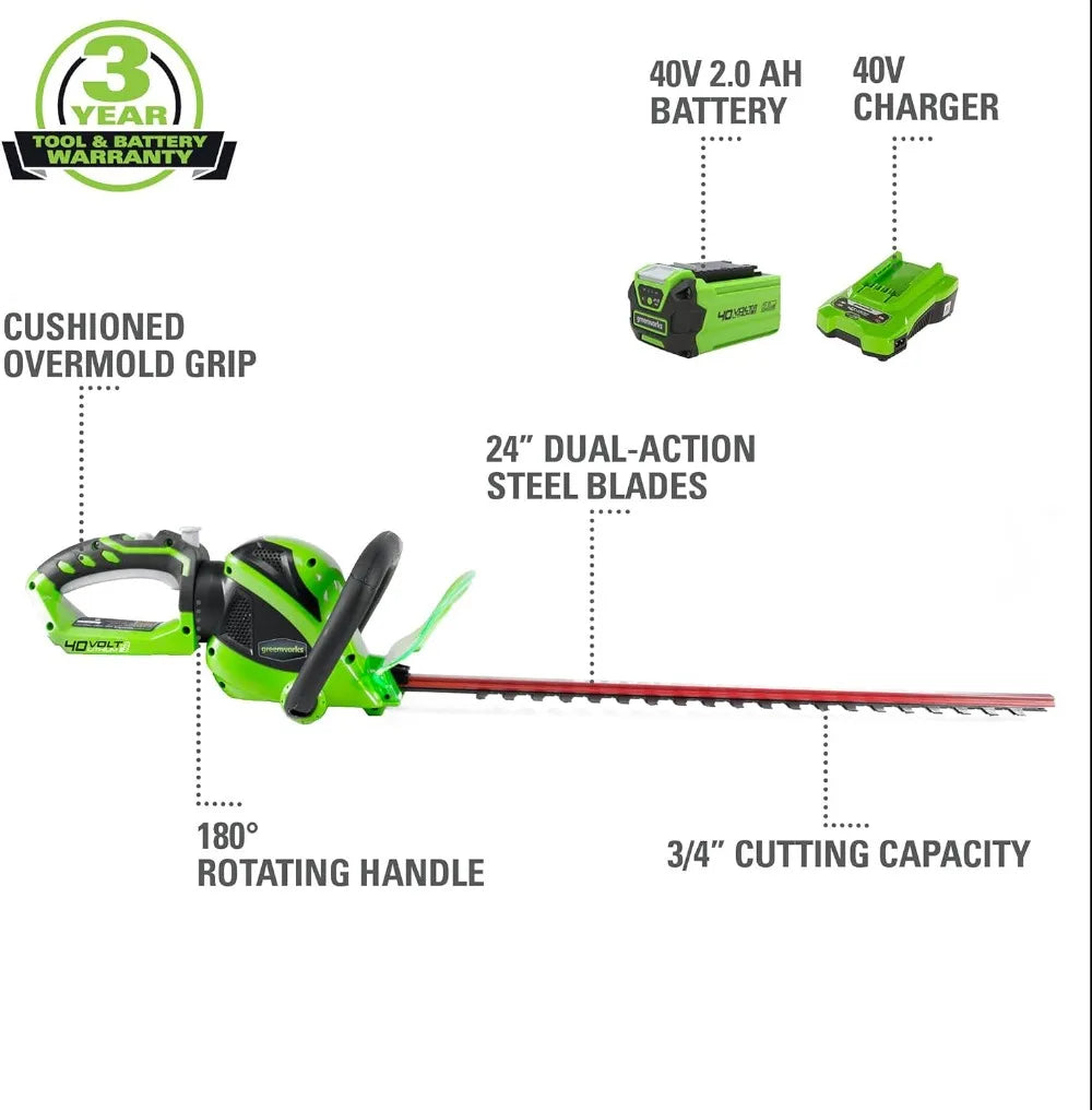 40V 24" Cordless Hedge Trimmer, 2.0Ah Battery and Charger Included